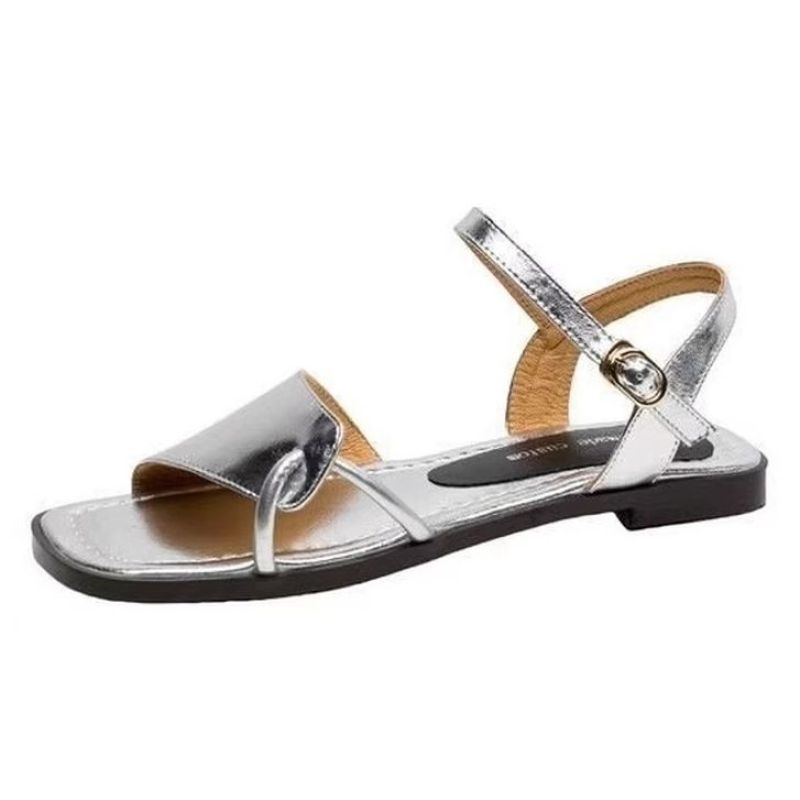 Silver one-word open-toed sandals women's flat summer new leather versatile sandals
