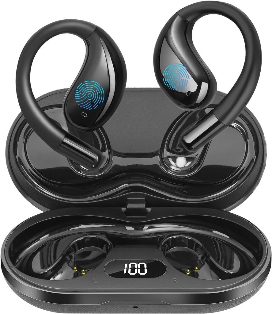 Open Ear Clip Wireless Earbuds Bluetooth 5.4 Headphones Open Ear Built-in Mic, IPX5 LED Display Charging Case,Ear Hooks Earphones for Running Fitness