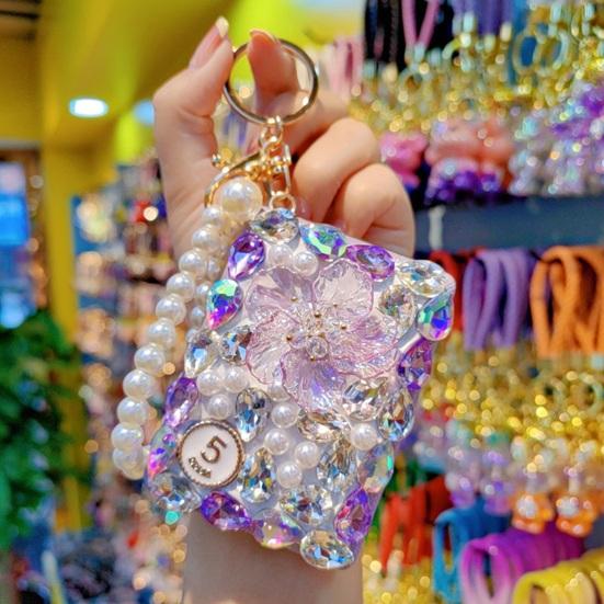 Bling Rhinestone Folding Makeup Mirror Travel Pocket Mirror Keychain Double-Sided with Beaded Wrist Bag Charm