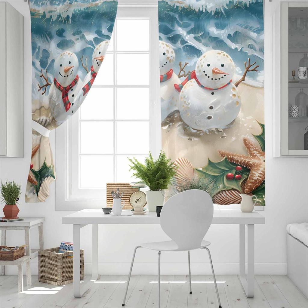 Christmas Beach Snowman Sea Star Shell Blackout Curtains For Living Room Bedroom Window Treatment Blinds Drapes Kitchen Curtains