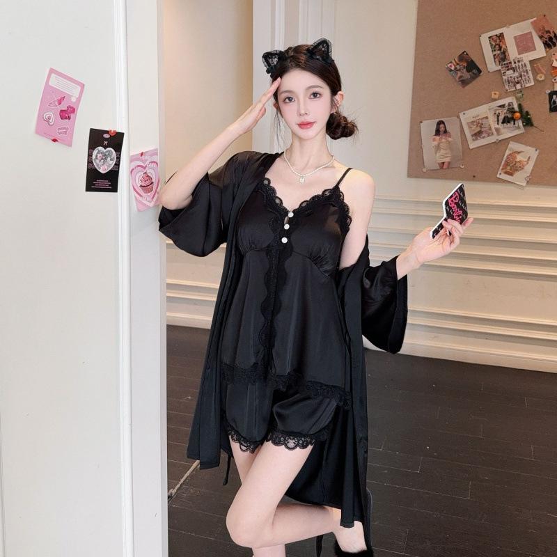 New Pajamas Three-piece Set Women's Summer Ice Silk Thin Sexy Suspenders Pure Desire Wind Loungewear Set with Chest Pad