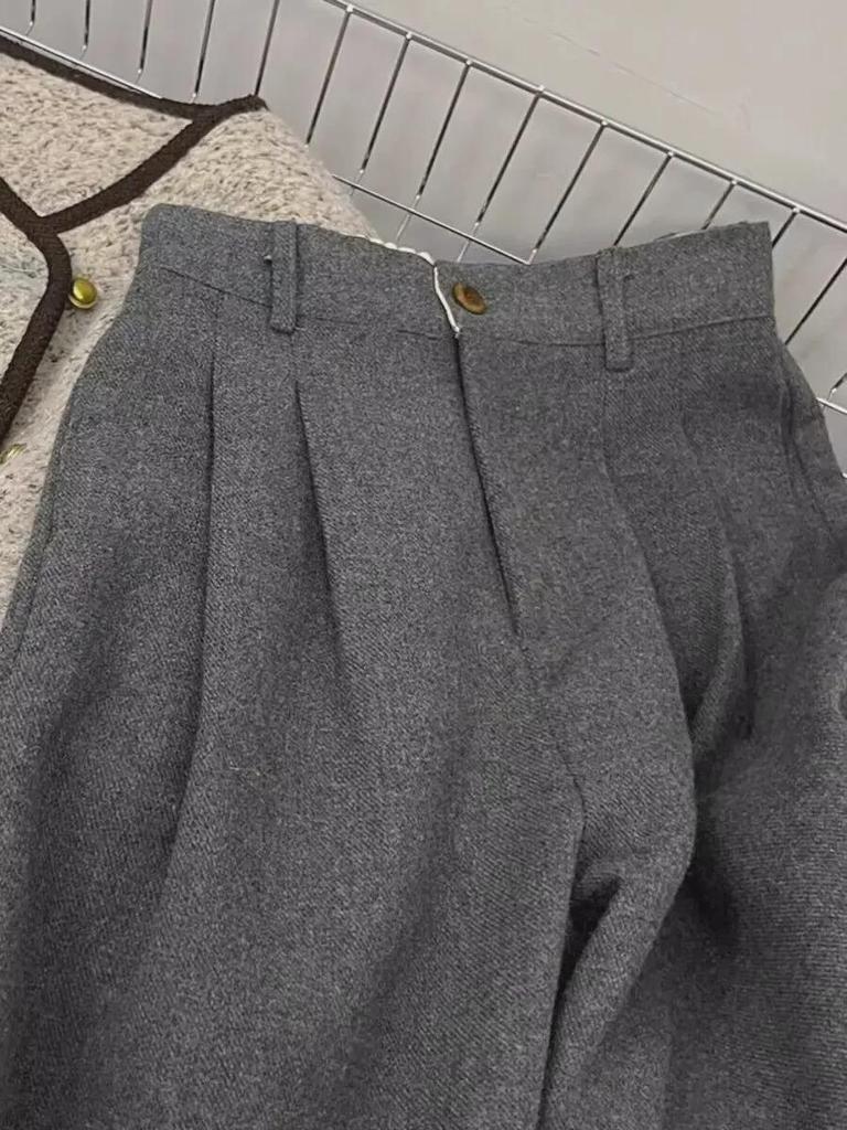 Prémiové dámské kalhoty širokých nohavic z kašmíru tmavě šedé barvy - Silné, s vysokým pasem na podzim/zimu