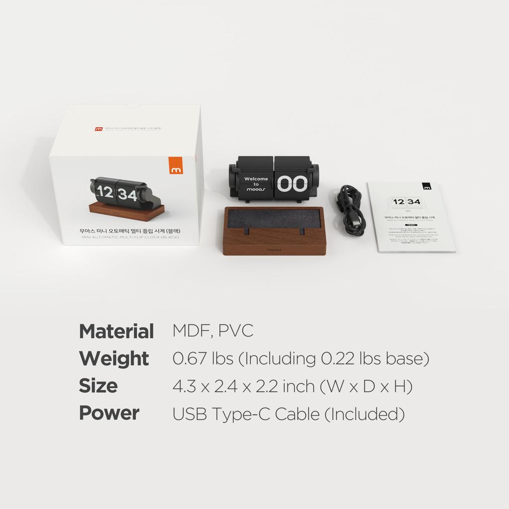 Mooas Multi-Wood Mini Flip Desk Clock, Retro Vintage Analog Automatic Flip Clock, Timer Calendar, Desk Clock with Large Numbers, USB-C Rechargeable, P