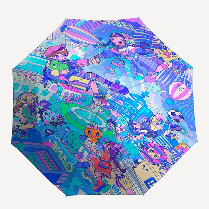 1pc Outdoor Umbrella with Cute Characters - Automatic Opening/Closing, Portable 3-Fold Design, 8-Rib Iron Frame, Perfect for Fans, Travelers, Dai