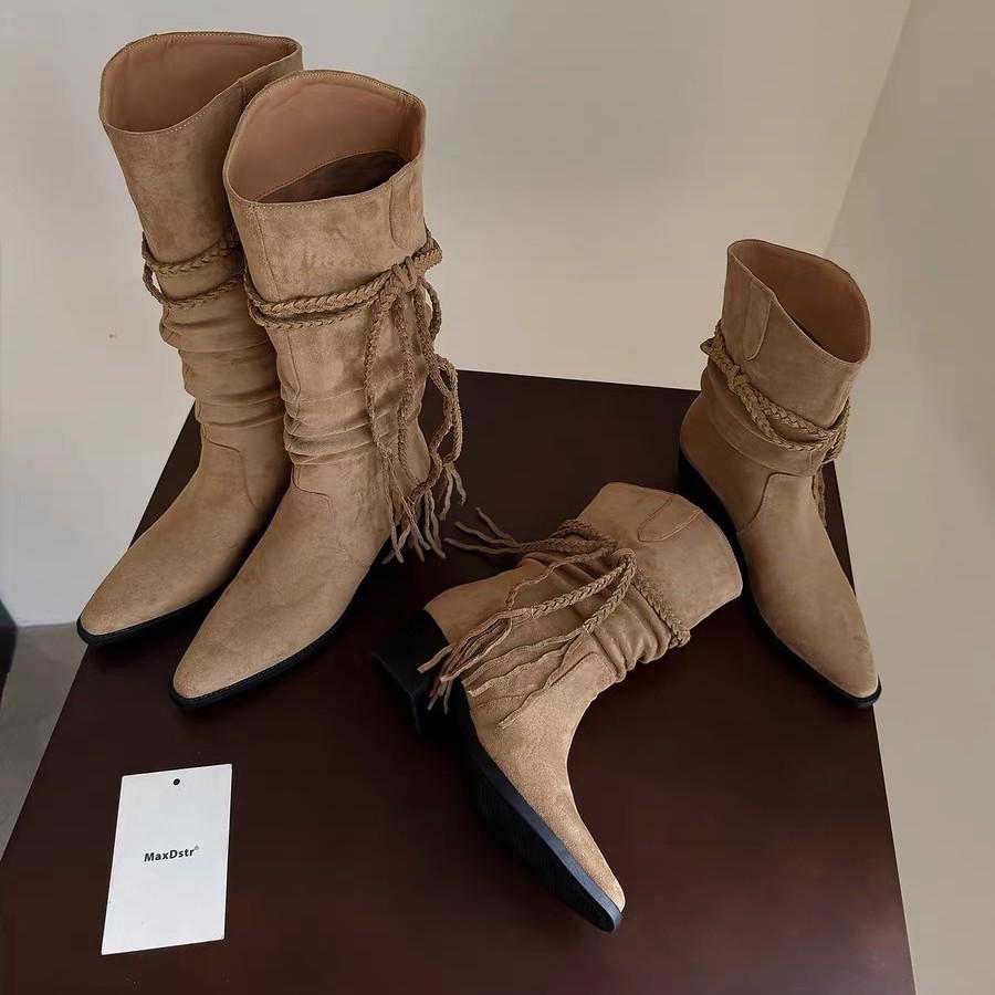 2025 Retro Post-Apocalyptic Tassel Knight Over-the-Knee Chunky Heel Boots for Women