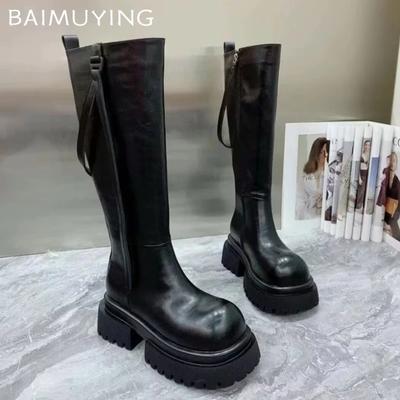 Plateforme Bottes Hautes Femme Talons Hauts Épais Chaussures en Cuir Femme Hiver 2024 Tendance Goth Bottes de Moto Neige Chelsea Botas Mujer