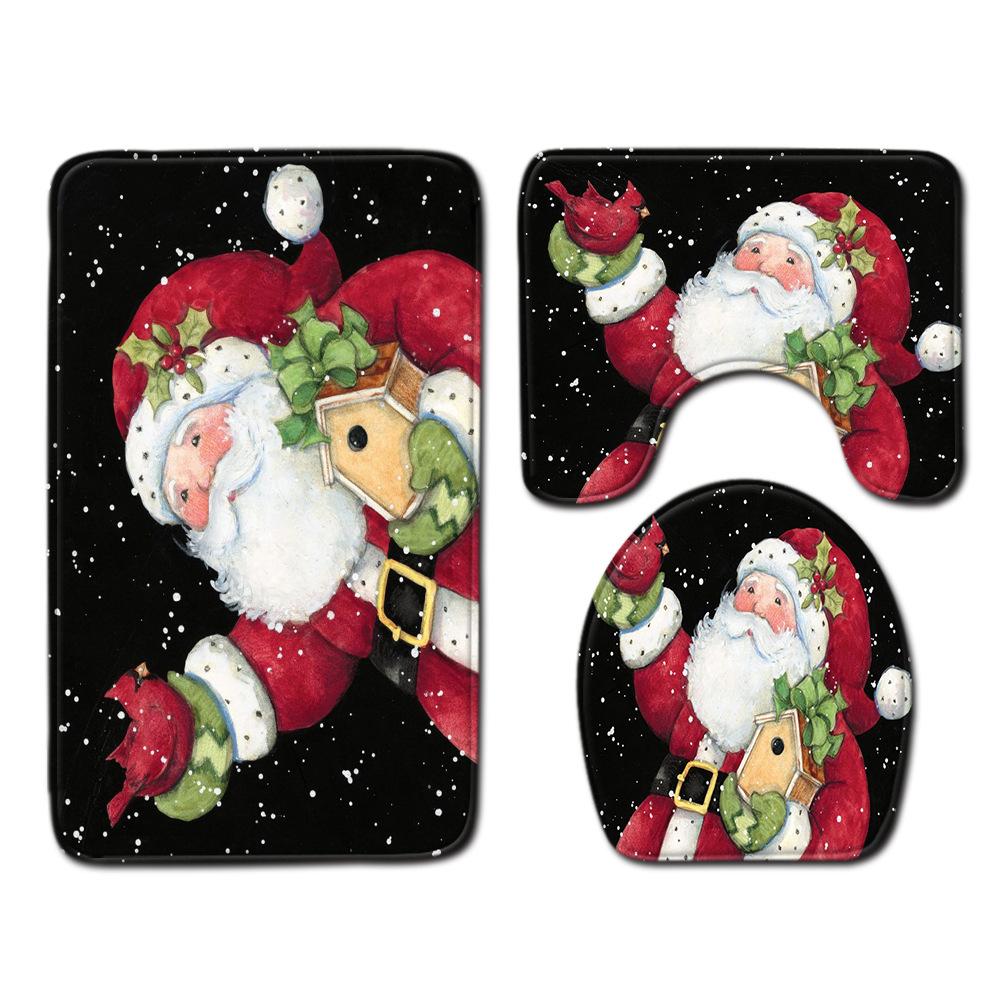 Christmas Shower Curtain Floor Mat Combination Four-Piece Set Bathroom Non-Slip Mat Toilet Absorbent Door Mat Carpet