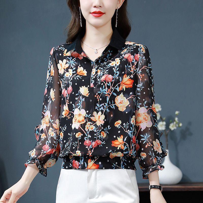 Spring and Summer Shirt Collar Printed Chiffon Blouse Loose Slim Women's Long Sleeve Floral Bottoming Top