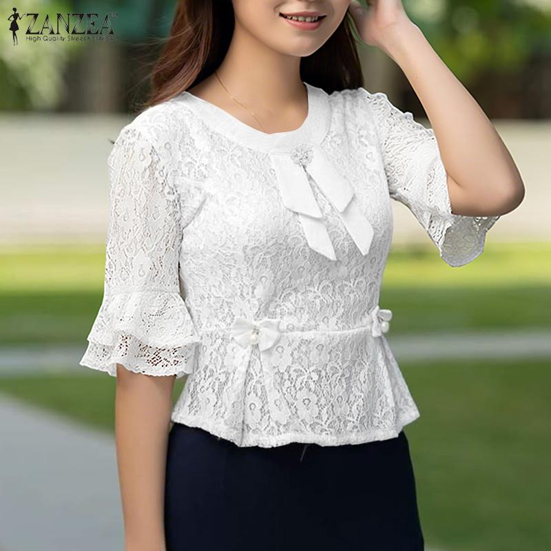 ZANZEA Women Summer Round Neck Half Sleeve Lace Patchwork Blouse