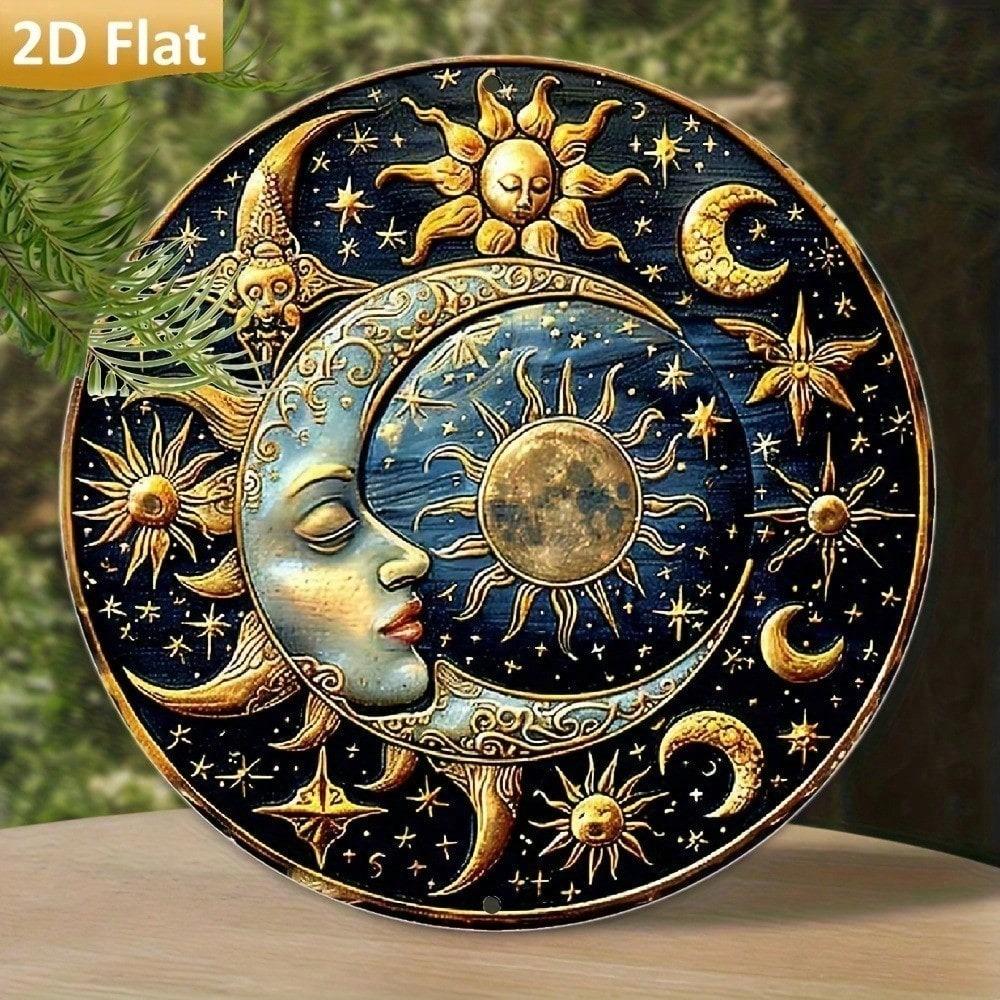 Vintage Sun and Moon Aluminum Metal Art Sign, 2D Circular Wall Decor for Home Bar Cafe