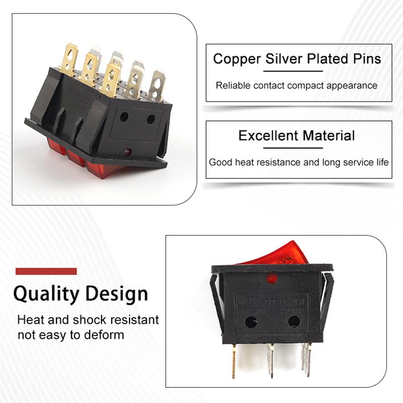 1PCS KCD3 40.3X33.3mm 9 Pin 2 Position Power Rocker Switch With Red Ligh 3 Way Black Triple Switch ON-OFF/ON-ON 16A/30A 250VAC