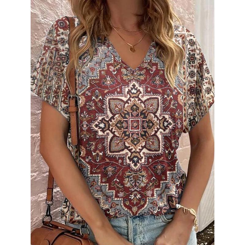 Women s T Shirt Print Graphic Geometric Paisley Vintage Stylish Casual Short Sleeve V Neck Regular Tops S