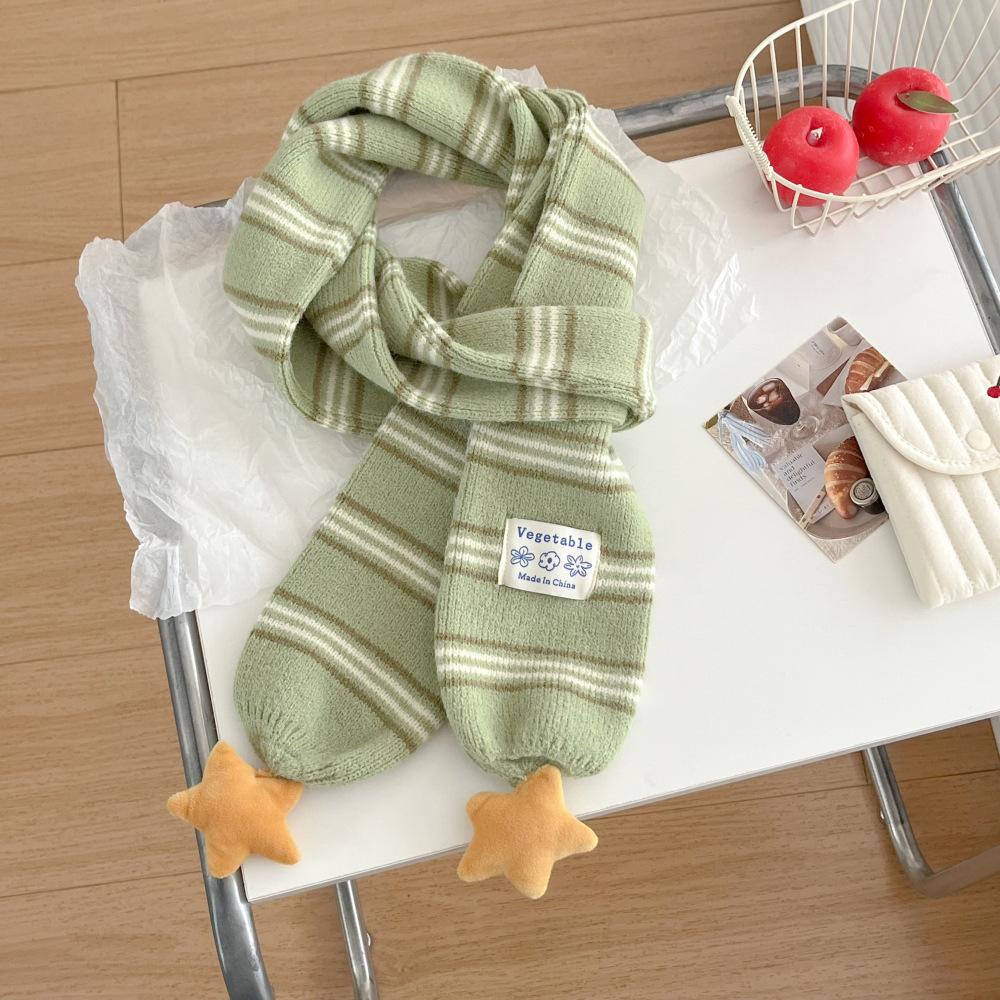 

Striped Star Knitted Scarf for Women Outdoors College Style Winter Warm Neck Protection Cute Soft Fashionable Scarf Autumn Gift зелёный