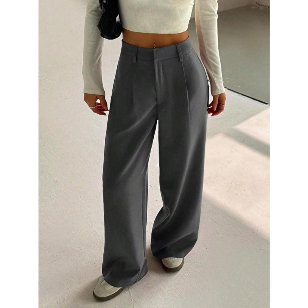 Women's High Waist Wide Leg Suit Pants Loose Fit Pleated Straight Leg Floor Length Trousers