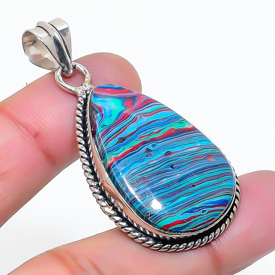 Natural Rainbow Calsilica Gemstone 925 Sterling Silver Pendant 1.89" AP-15264