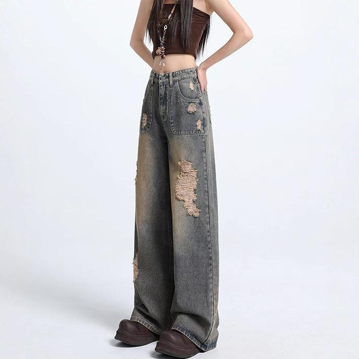 

Big Size Broken Hole Wide Leg Denim Trousers Women Autumn Design Sense High Waist Hundred Versatile Loose Straight Trousers Long Denim Pants 4XL