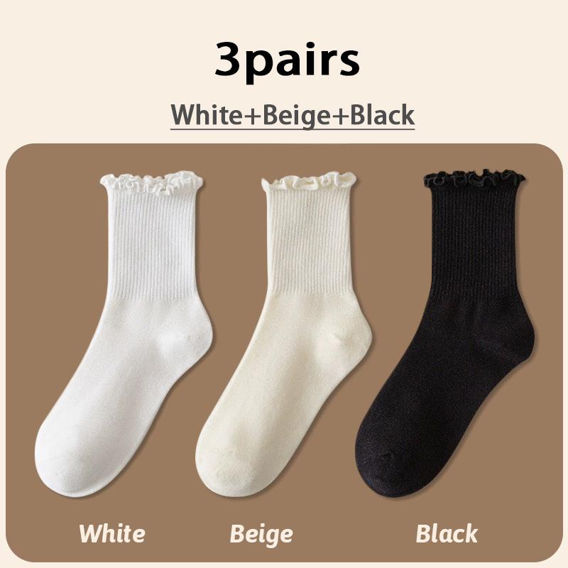 Ruffle Socks for Women 3pair /Lot Mid Crew Middles Tube Ankle High Breathable Black White Calcetines Female Spring Autumn Sock