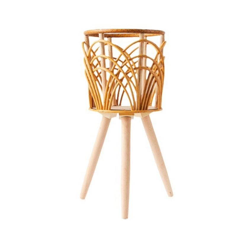 Handmade Braid Artificial Rattan Plastic Flower Pot with Stand Plant Storage X3UC