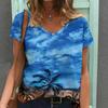 Women Print V Neck Short Sleeve Casual Loose Tunic Tops