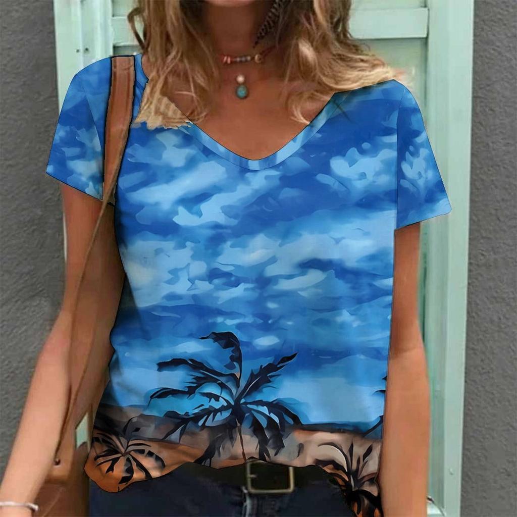 Women Print V Neck Short Sleeve Casual Loose Tunic Tops