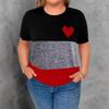 Damen Casual Rundhals Locker Herzförmig Bedruckt Farbblockierend Übergröße Kurzarm Top