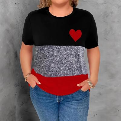 Women's Casual Round-neck Loose Heart-shaped Printed Color-blocking Large-sized Short-sleeved Top