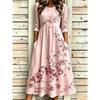 Women's Crew Neck Long Sleeve Loose Fit A-Line Midi Dress Casual 3D Floral Print