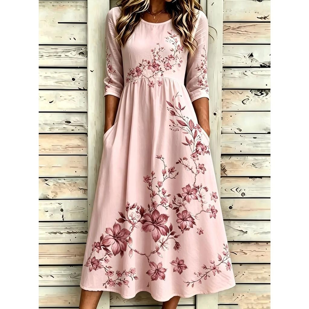 Women's Crew Neck Long Sleeve Loose Fit A-Line Midi Dress Casual 3D Floral Print