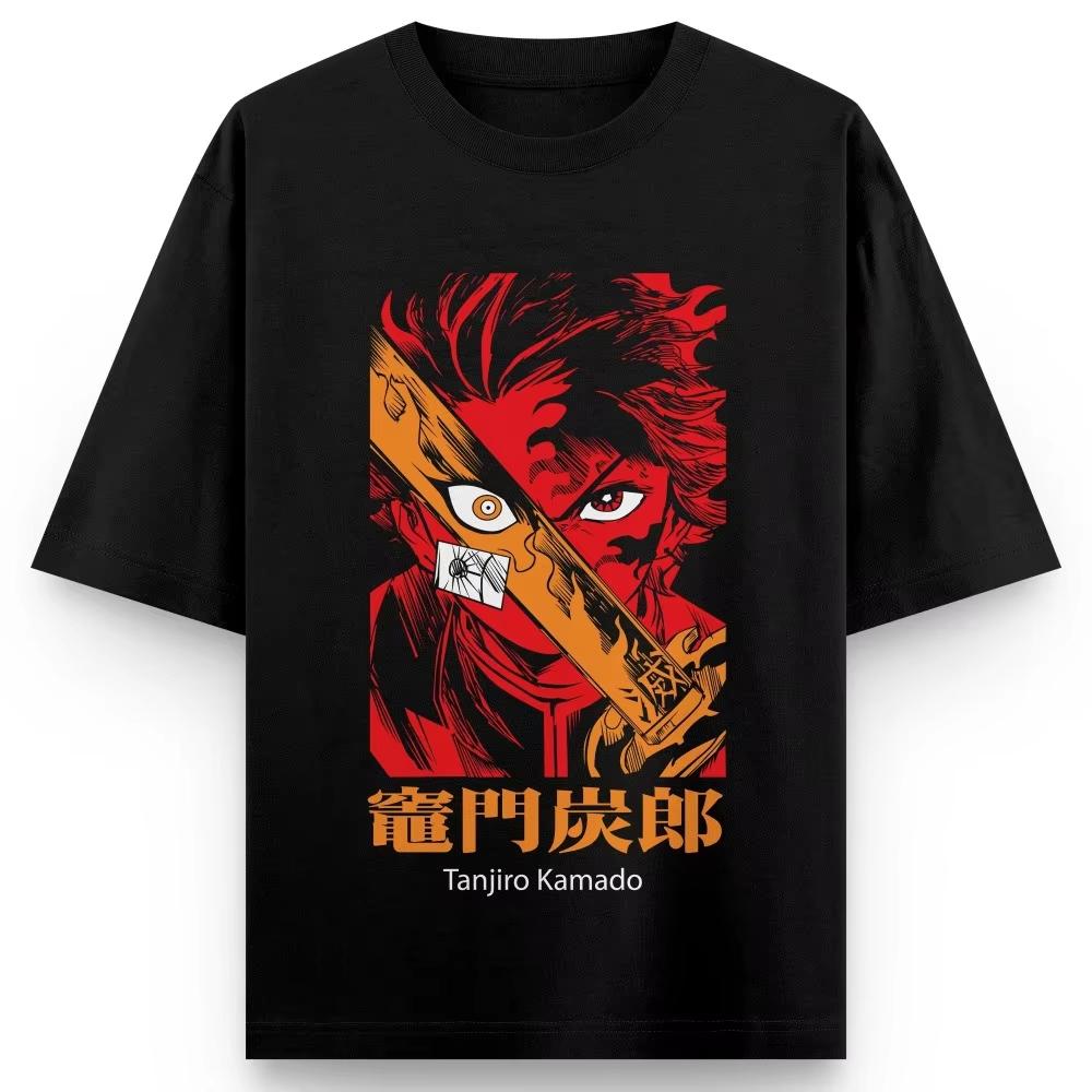Unisex Pure Cotton Tshirt Demon Slayer Kamado Tanjiro Harajuku Anime Print 2026 Summer New Plus Loose Family Short Sleeved Top