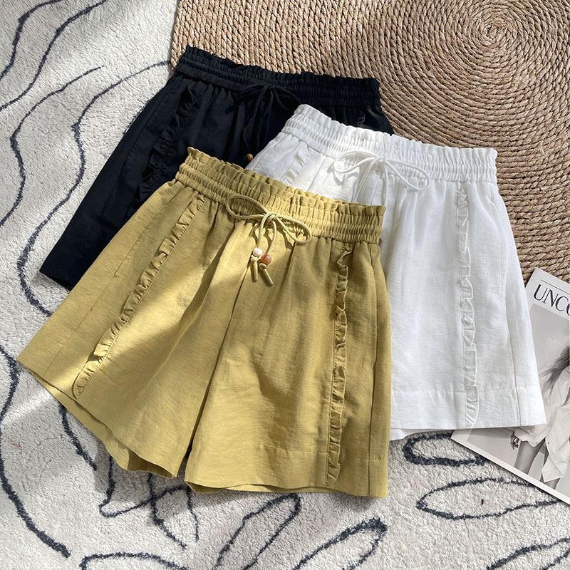 Women's Yellow Ruffled Wide-Leg Summer Shorts with Elastic Drawstring Waist
