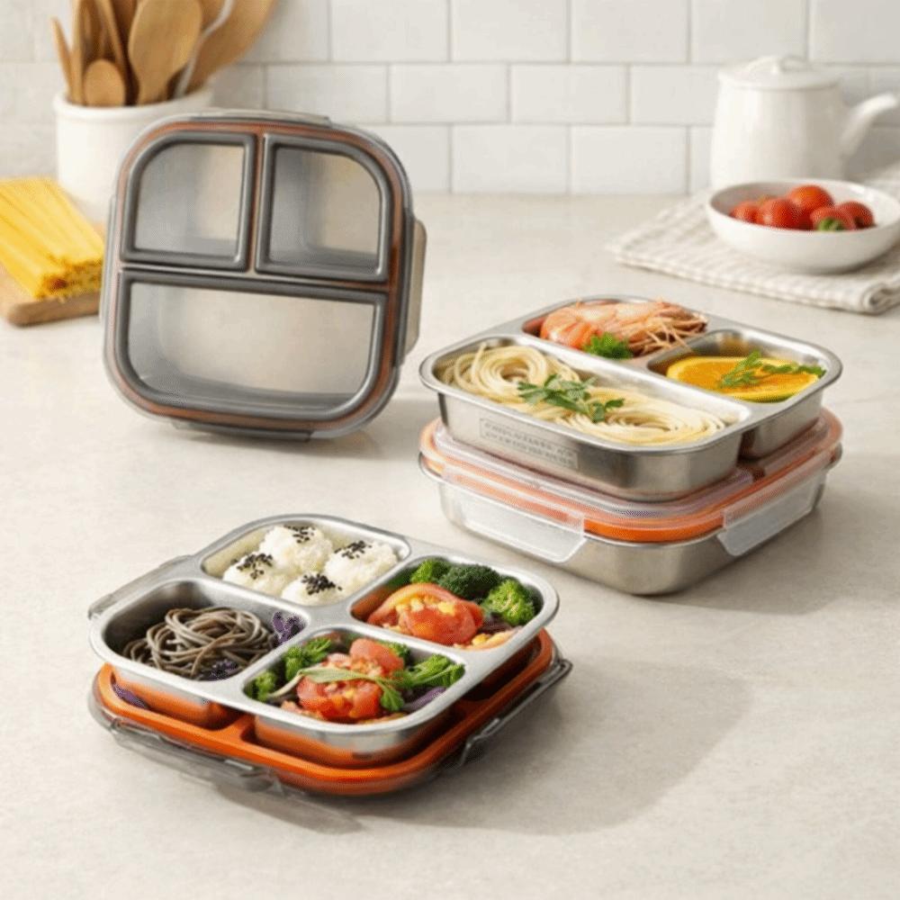 Leak Proof Food Container 3/ 4 Grids Student Meal Plate Stainless Steel  Lunch Box  Picnic