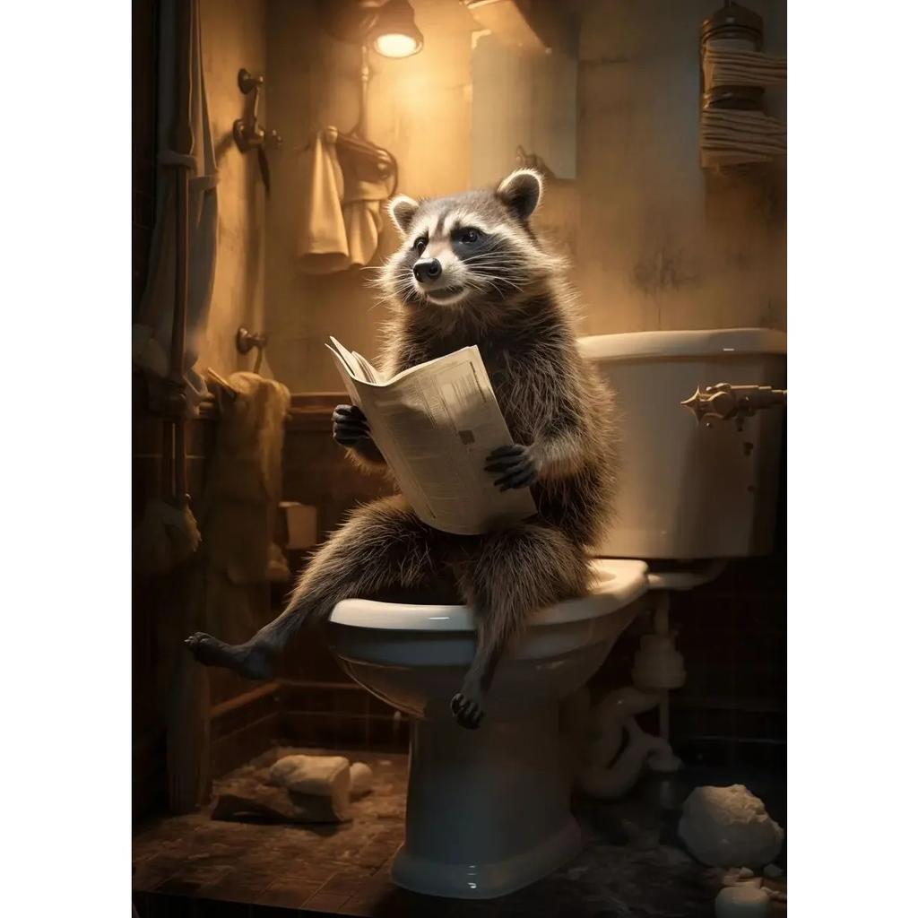 Dog Monkey Highland Cow Sitting on The Toilet Reading Newspaper Poster Animal Print Canvas Painting Funny Bathroom Wall Decor