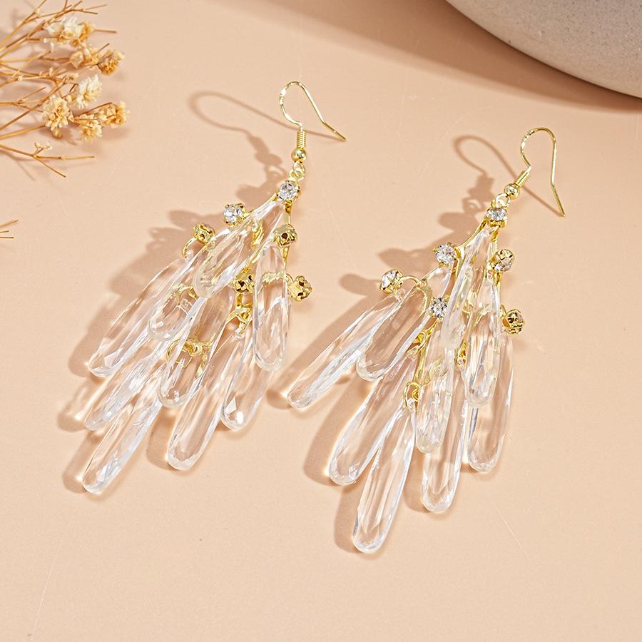 Elegant glass crystal diamond-set acrylic water drop fringed ear hook personalized earrings