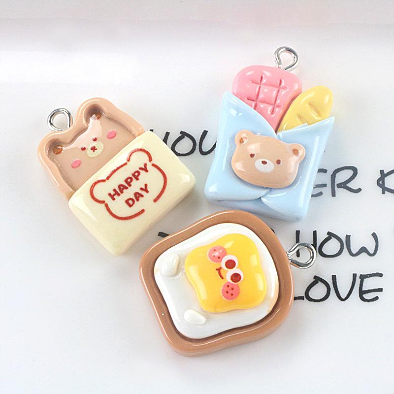 9PCS Resin Simulation Food Toys Toast Fried Eggs Bear Pendants for DIY Earrings Keychains Jewelry Making Decoration Accessories