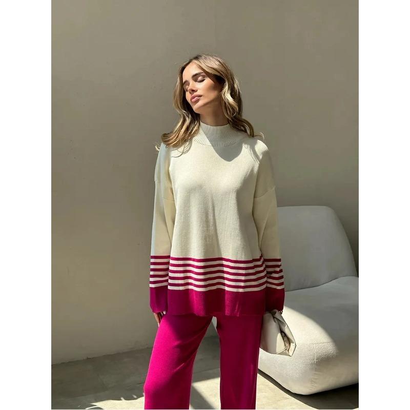 Knitted Two Piece Women Sleepwear Kits Winter Women Knit Suit Striped Turtleneck Sweater Home Suit 2 Piece Pants Kits for Women