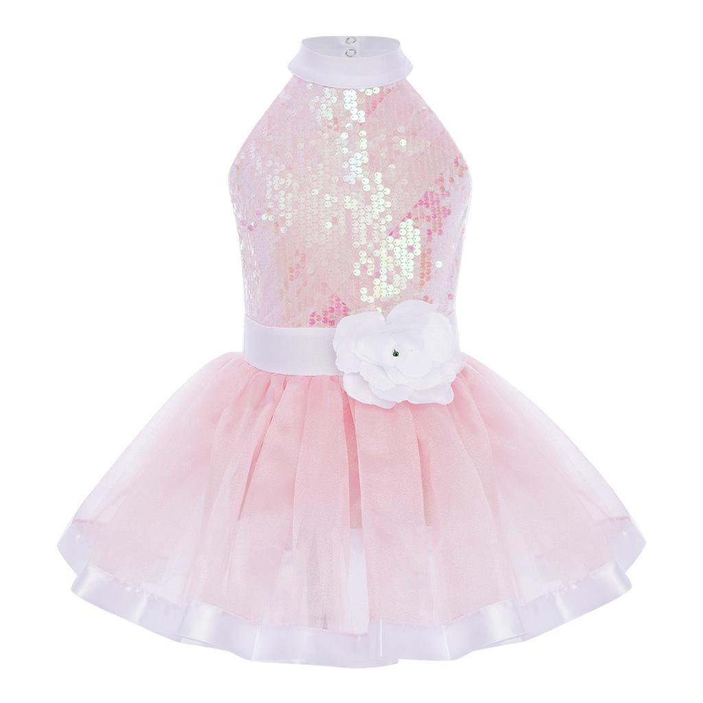Girls Shiny Sequins Layered Tulle Ballet Dance Dress Sleeveless Cutout Back Tutu Dress Built In Briefs Skirt