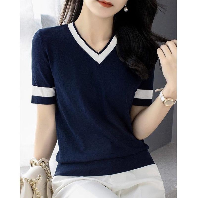Temperament Sping Autumn T-Shirts Women V-Neck Striped Panelled Ice Silk Fashion Office Lady Short Sleeve Pullovers Knitted Tops
