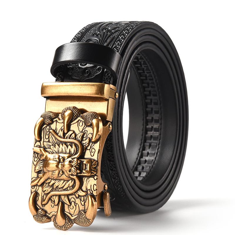 Men's Retro Dragon Head Genuine Leather Belt with Carved Embossed Design