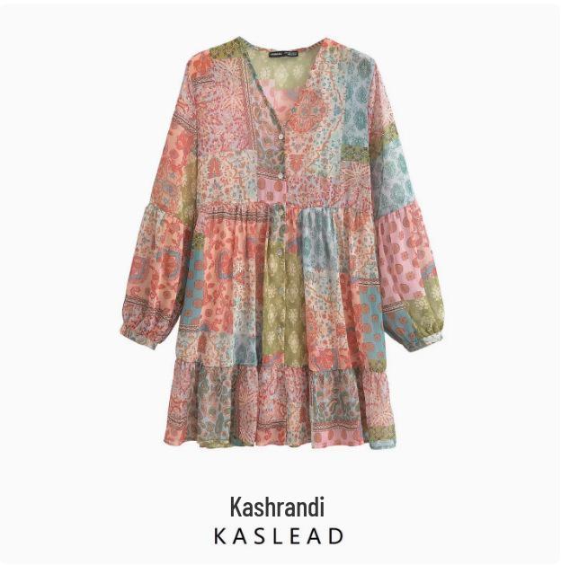 

Women s European & American Style V-neck Long Sleeve Patchwork Dress - Spring 2025 L
