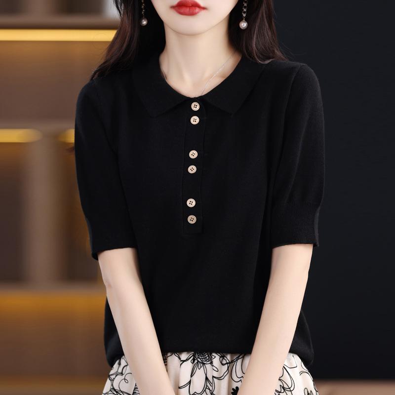 

Летний свитер с коротким рукавом женский на пуговицах однотонный пуловер базовая футболка топ XXL чёрный