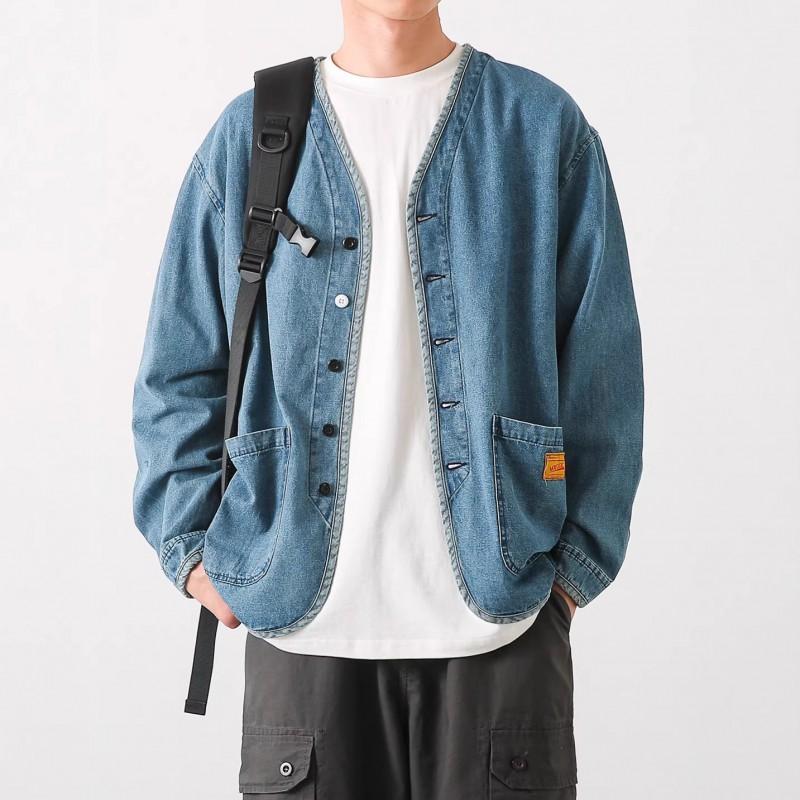 Mens Vintage Washed Denim Jacket Casual Loose Fit Long Sleeve No Collar Blue Streetwear Young Adults