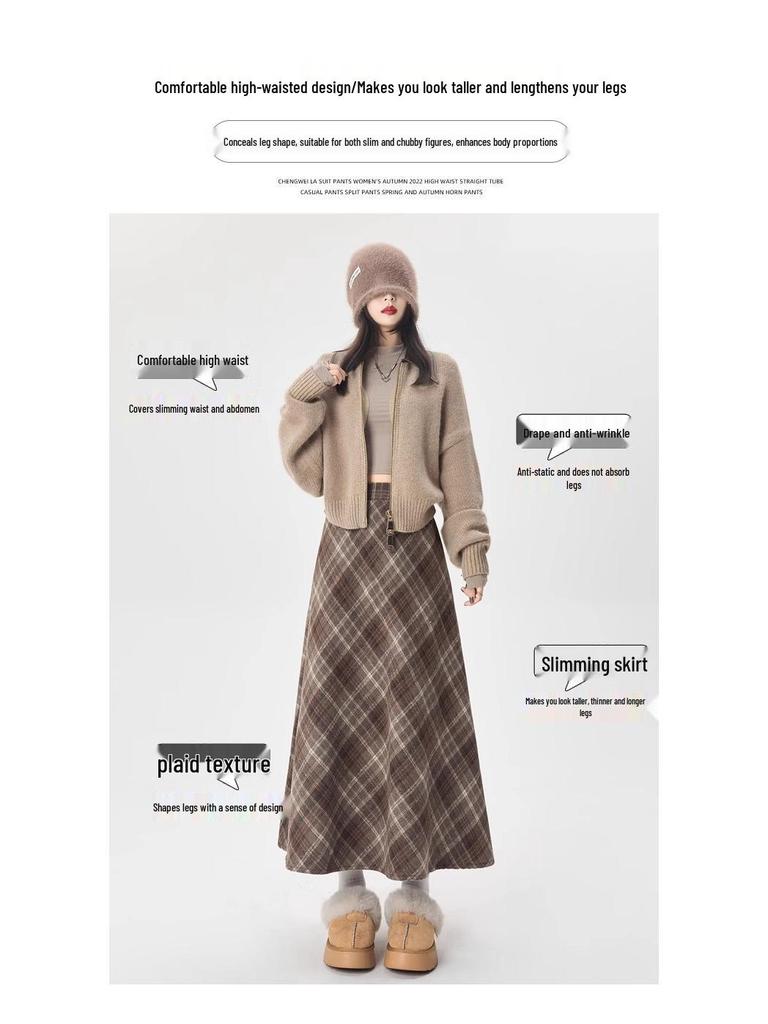 Women's Plaid A-line Skirt: Mid-Length, Thickened for Autumn/Winter 2025, Slimming Fit.