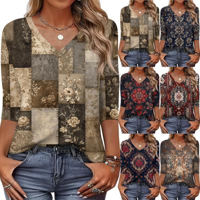 Women's T Shirt Print 3/4 Sleeve Daily Weekend Fashion Basic V- Neck Regular Top
