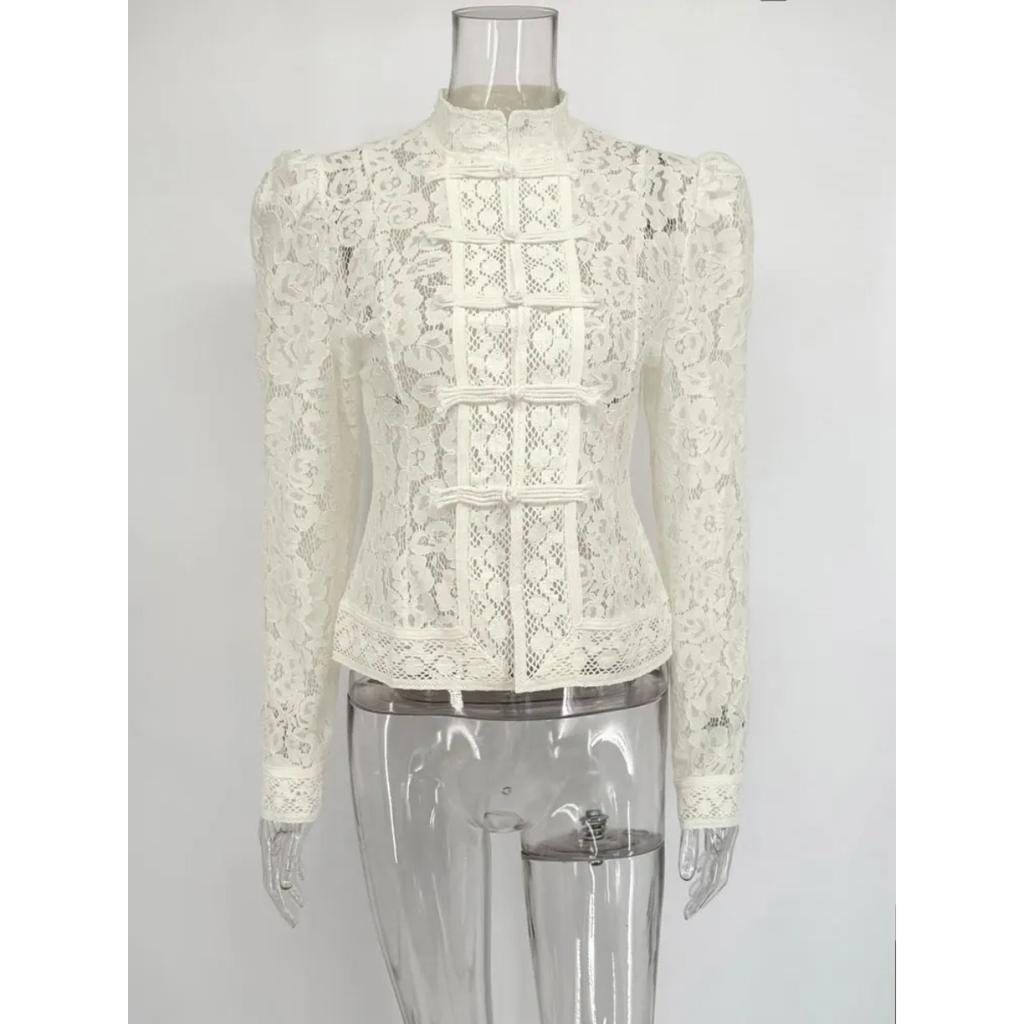 VAYLA Lace Printed Shirts Tops Female Hollow Out Fashion Commute Vintage See-Through Blouse Women's Lace Shrug Shirts New