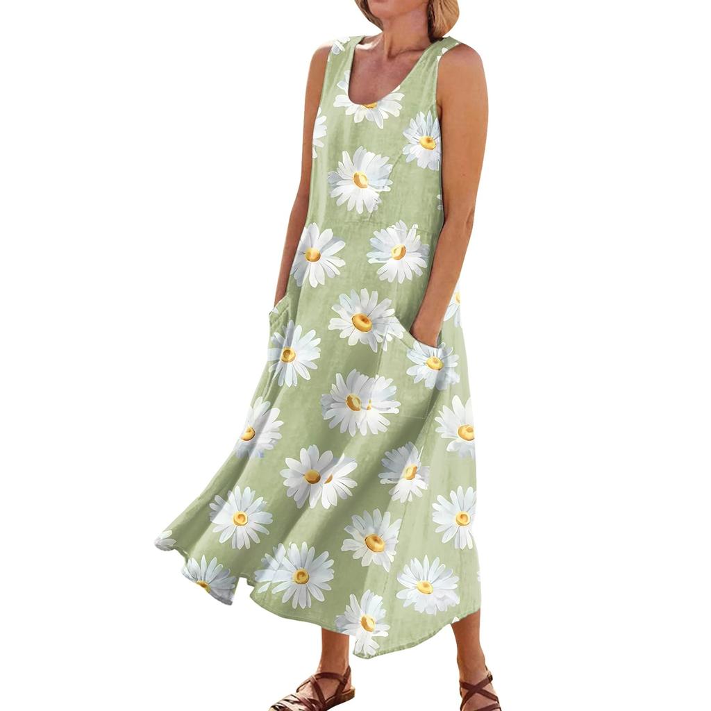 Vestido sin mangas para mujer Vestido de bolsillo con cuello redondo sin mangas estampado a la moda informal de verano para mujer