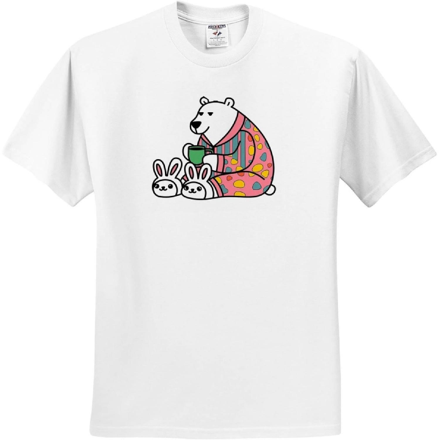 3dRose, Funny Polar Bear with Coffee Dressed in Pajamas and Bunny Slippers, T-Shirt S