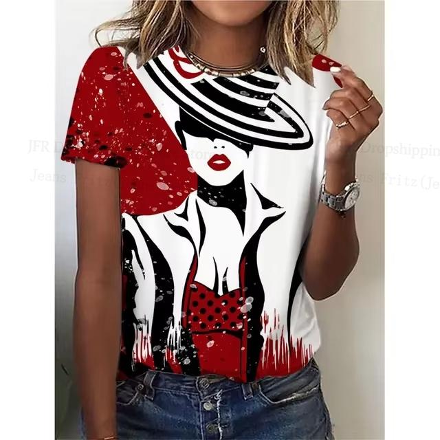 Summer Round Neck 3D Lady Face Graphic Print Top Fashionable Casual Short Sleeved Women's T-shirts