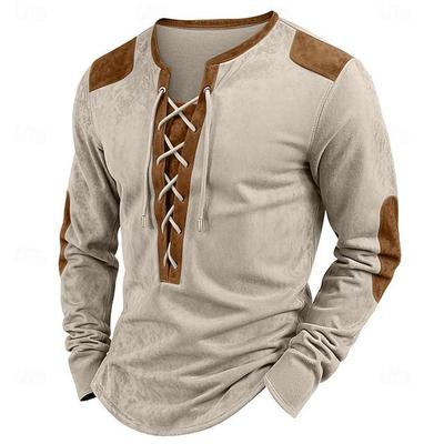 Jesień/Zima 2025 Patchwork Henley Outdoor Streetwear Męska Koszulka z Długim Rękawem z Zamszu ze Sznurkiem