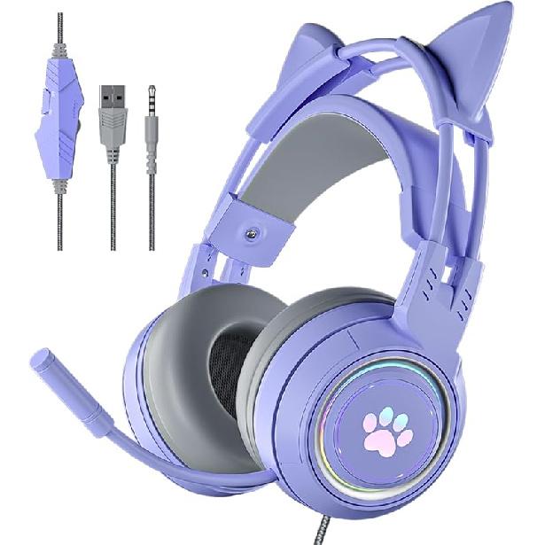 Cat Ear Headphones Purple Gaming Headset with Mic for Switch Xbox One PS4 PS5, Cute Girl Kids Wired Headphones Light up Kawaii Kitty Noise Cancelling