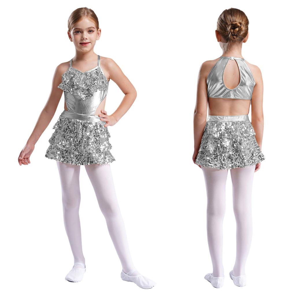 Metallic Girls Dance Dress Tiered Ruffle with Sequins Sleeveless V Neck Performance Costume